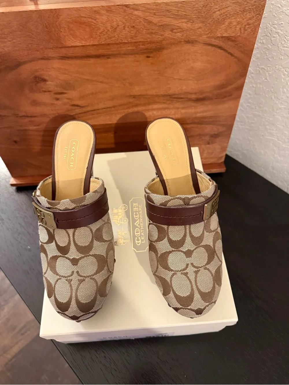 Coach Brown & Beige Signature Canvas Clog Mules